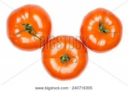 Three Red Tomato With Vine Ends Top View Isolated On White Background Fresh Whole