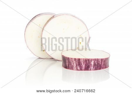 Three Striped Purple Eggplant Rings Isolated On White Background