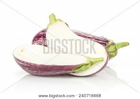 One Striped Purple Eggplant And Two Halves Isolated On White Background