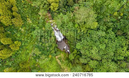 Aerial shot of the Golden Valley waterfalll in the Munduk jungle, Bali, Indonesia