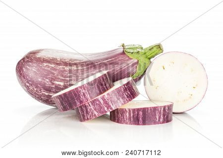 One Striped Purple Eggplant With Ring Slices Isolated On White Background