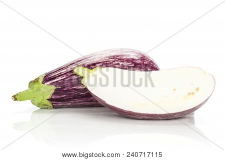 One Striped Purple Eggplant With A Half Isolated On White Background