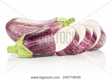 Sliced Striped Purple Eggplant And One Whole Isolated On White Background
