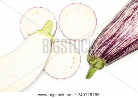 Striped Purple Eggplants Set Top View Isolated On White Background Whole One Half And Sliced Three R
