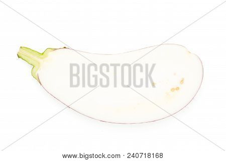 One Striped Purple Eggplant Half Top View Isolated On White Background Cross Section