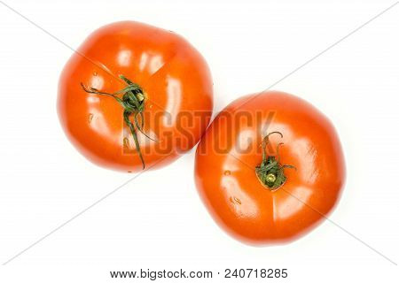 Two Red Tomato With Vine Ends Top View Isolated On White Background Fresh Whole
