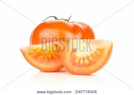 Red Tomato And Two Slices Isolated On White Background Fresh