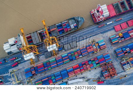 Container Ship In Import Export And Business Logistic, By Crane, Trade Port, Shipping Cargo To Harbo