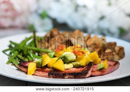 Fried Ham Steaks With Spicy Mango Avacado Salsa, Fresh Green Beans, And Roasted Hashbrown Potatoes