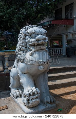 Lion Dragon Statue Under His Foot Looks A Temple Head Of Wat Kraom. Sihanoukville Cambodia