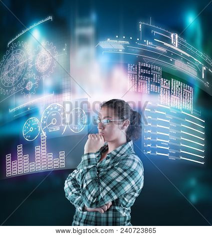 Thoughtful Woman Analyze The Data From Digital Screens.