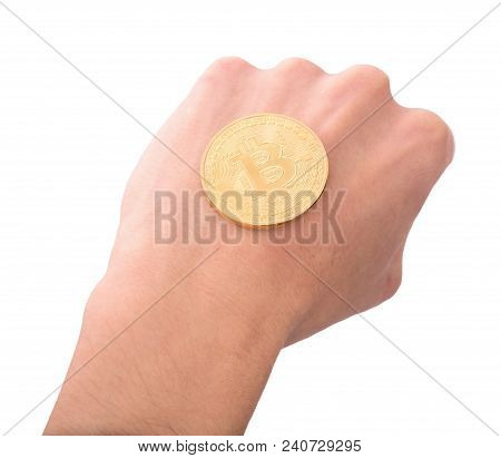 Tossing Golden Bitcoin In A Man Hand. Heads Or Tails You Decide. Concept Of Chance Digitall Symbol O