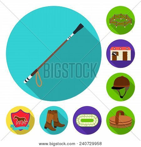 Hippodrome And Horse Flat Icons In Set Collection For Design. Horse Racing And Equipment Vector Symb