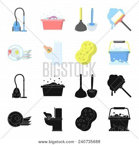 Cleaning And Maid Black, Cartoon Icons In Set Collection For Design. Equipment For Cleaning Vector S