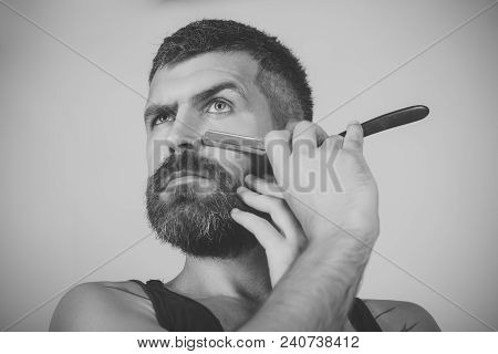 Fashion And Beauty, Innovation. Barber And Hairdresser. Haircut Of Bearded Man, Archaism. Man Cut Be