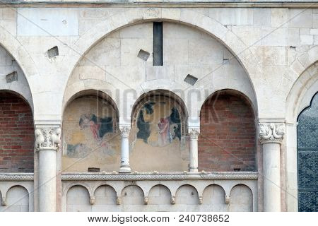 MODENA, ITALY - JUNE 04: Detail of Modena Cathedral dedicated to the Assumption of the Virgin Mary and Saint Geminianus, Italy on June 04, 2017.