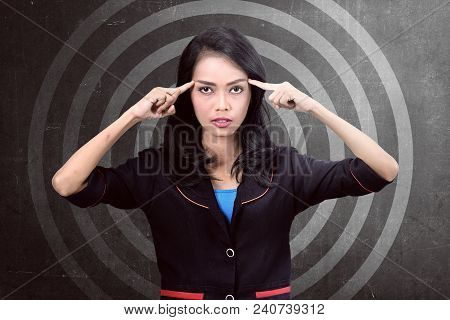 Attrractive Asian Business Woman Thinking Business Plan Over Abstract Background
