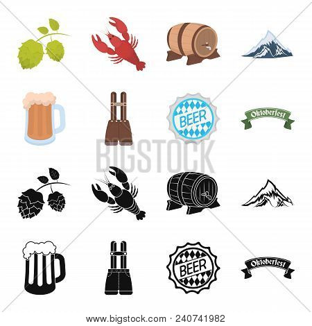 Shorts With Suspenders, A Glass Of Beer, A Sign, An Emblem. Oktoberfest Set Collection Icons In Blac