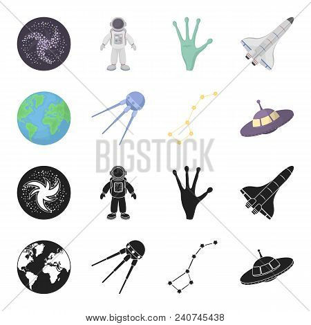 Planet Earth With Continents And Oceans, Flying Satellite, Ursa Major, Ufo. Space Set Collection Ico