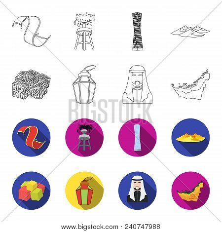 Eastern Sweets, Ramadan Lamp, Arab Sheikh, Territory.arab Emirates Set Collection Icons In Outline, 