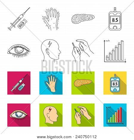 Poor Vision, Headache, Glucose Test, Insulin Dependence. Diabetic Set Collection Icons In Outline, F