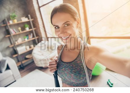 Close Up Portrait Of Excited Active Attractive Cheerful Beautiful Strong Skinny With Beaming Smile W