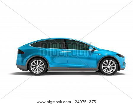 Modern Blue Electric Car Minivan On Side 3d Render On White Background With Shadow