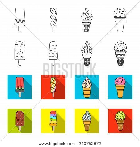 Ice Cream On A Stick, In A Waffle Cone And Other Species. Ice Cream Set Collection Icons In Outline,