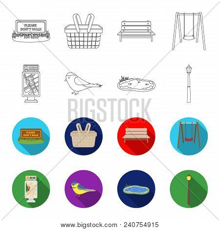 Territory Plan, Bird, Lake, Lighting Pole. Park Set Collection Icons In Outline, Flat Style Vector S