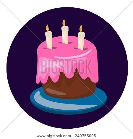 Birthday Cake Vector. Sweet Strawberry Cream Pie With Candles On Purple Vackground Vector Illustrati