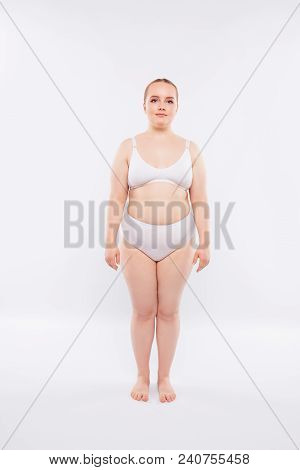 Front Full-length Full-size Snap Model Shot. Obese Fatty Causacian Chubby Woman With Pretty Face Wea