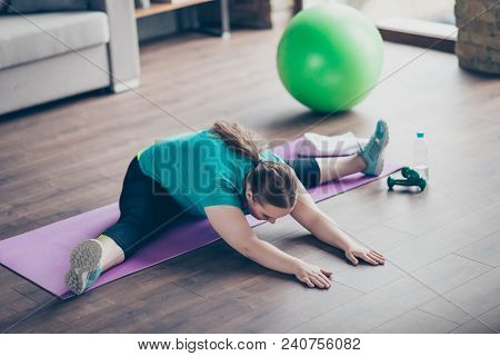 People Determination Will-power Sport Concept. Pretty Curvy Chubby Wearing Green T-shirt And Legging