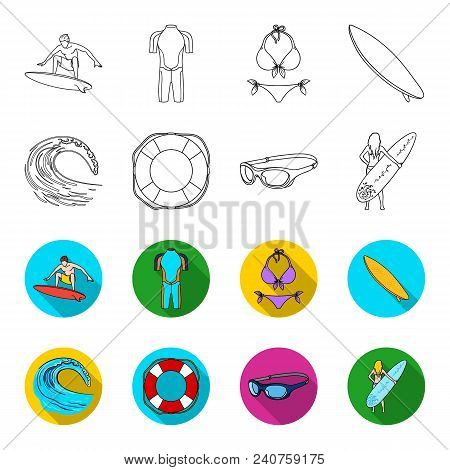Oncoming Wave, Life Ring, Goggles, Girl Surfing. Surfing Set Collection Icons In Outline, Flat Style