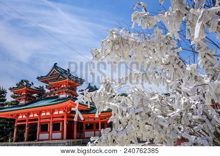 Omikuji Tree Heian Jingu Shrine Temple In Kyoto, Japan