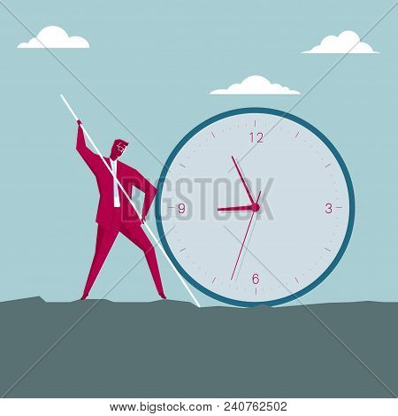 Businessman Shakes Clock. Businessman Dressed In Red Suit.