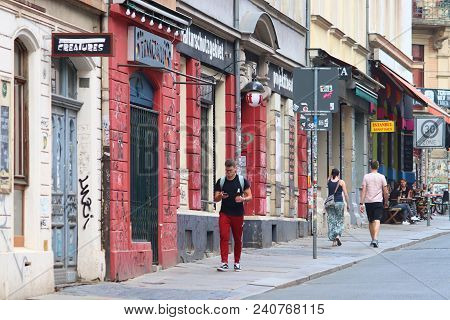 Dresden, Germany - May 10, 2018: People Visit The Neustadt District Of Dresden. Neustadt Is A Hip Di