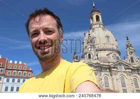 Tourist Selfie In Dresden City In Germany (state Of Sachsen).