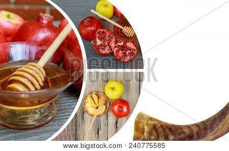 Jewish Holiday Rosh Hashana Banner Design With Honey And Apples. Traditional Food Of Jewish New Year
