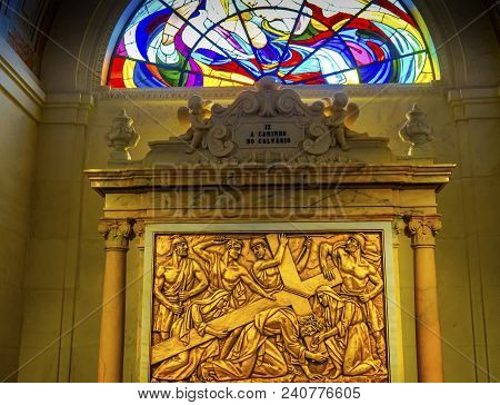 Fatima, Italy - September 17, 2017 Jeus Christ Carrying Cross Stained Glass Stations Of The Cross Ba