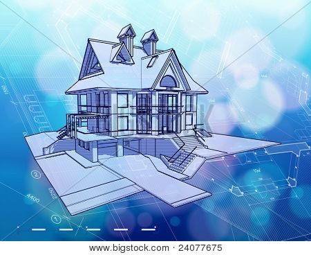 Design architettura ecologia: casa, piani di & blu sfondo bokeh. Bitmap copiare mio vector ID 79985986
