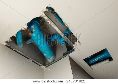 Home Residential Problem, Damage Ceiling In Restroom, Water Leak Out From Waste Piping System Make C
