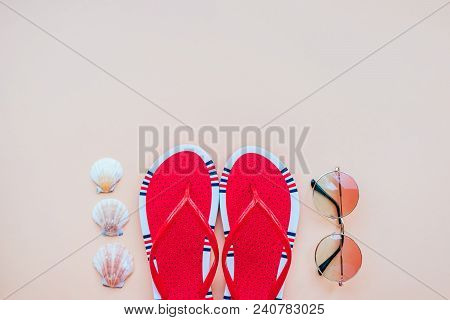 Summer Fashion Flatlay With Gradient Round Sunglasses And Red Flats Decorated With Sea Shells. Perfe