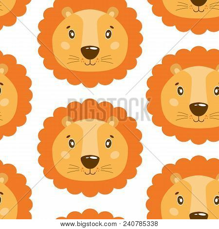Cute Vector Seamless Pattern With Lion Face. On White Background. Cartoon Illustration.