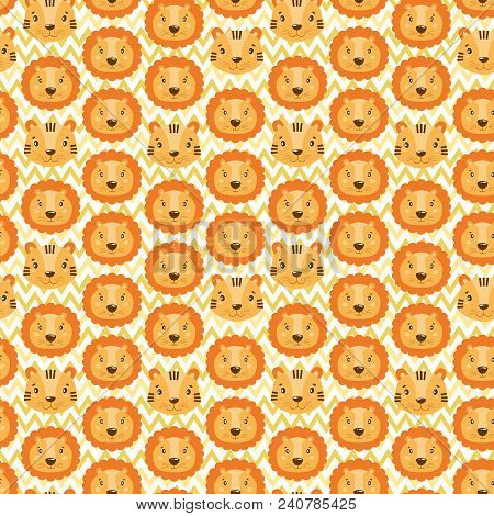 Cute Vector Seamless Pattern With Lion And Tiger Face. On White Zigzag Background. Cartoon Illustrat