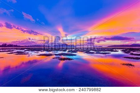scenery sunrise above the coral reef during low tide in Phuket island. during low tide we can see a 