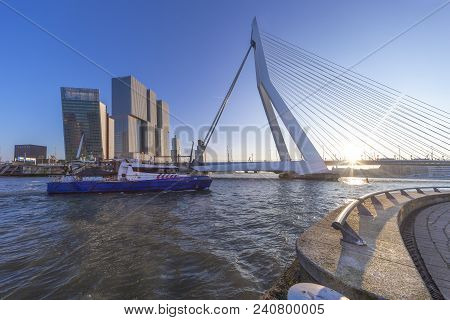 Rotterdam, 24 March 2016 - Police Cruse Control Vessel Navigating On The Rotterdam River And Under T