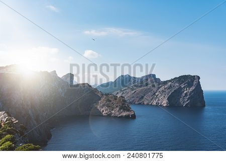 High Angle View Of Scenic Mediterranean Sea And Coastline With Steep Cliffs On Island Of Majorca, Sp
