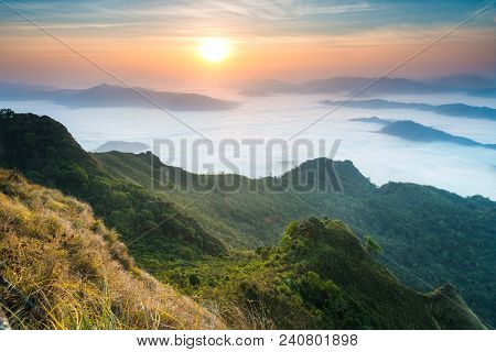 View Of Sea Of Fog In The Morning At Phu Chi Dao In Chiang Rai, Thailand.