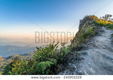 View Of Phu Chi Dao And Layers Of The Mountain Before Sunset In Chiang Rai, Thailand.