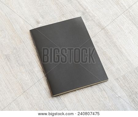 Mockup Book With Blank Black Leather Cover Template Paper Texture On Wood Table
